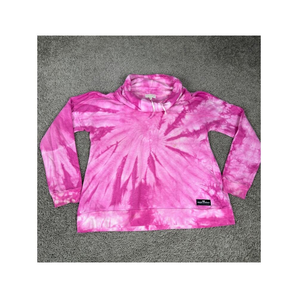 Simply Southern Sweatshirt Womens Medium Pink Tie Dye Cowl Neck Drawstring